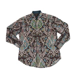 Robert Graham Paisley Button Shirt Men’s M Brown Green Flip Cuff Long Sleeve AOP